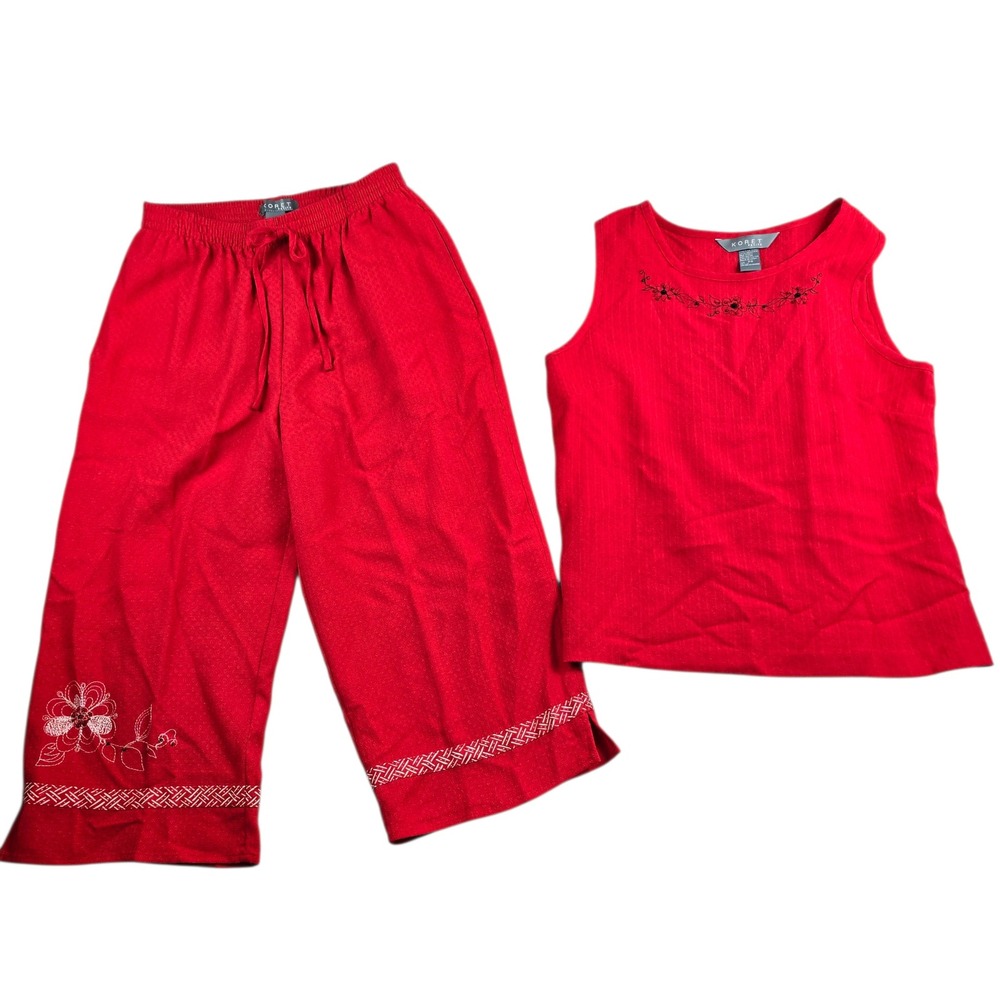 Y2K Koret Petite 2 Piece Capri Pant Set Women PS Red Floral Beaded‎ Tank Crop
